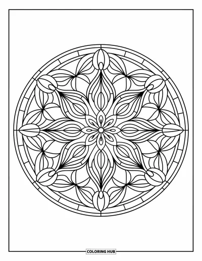 Stained Glass Coloring Page for Adults: Floral stained glass mandala with leaf and geometric accents