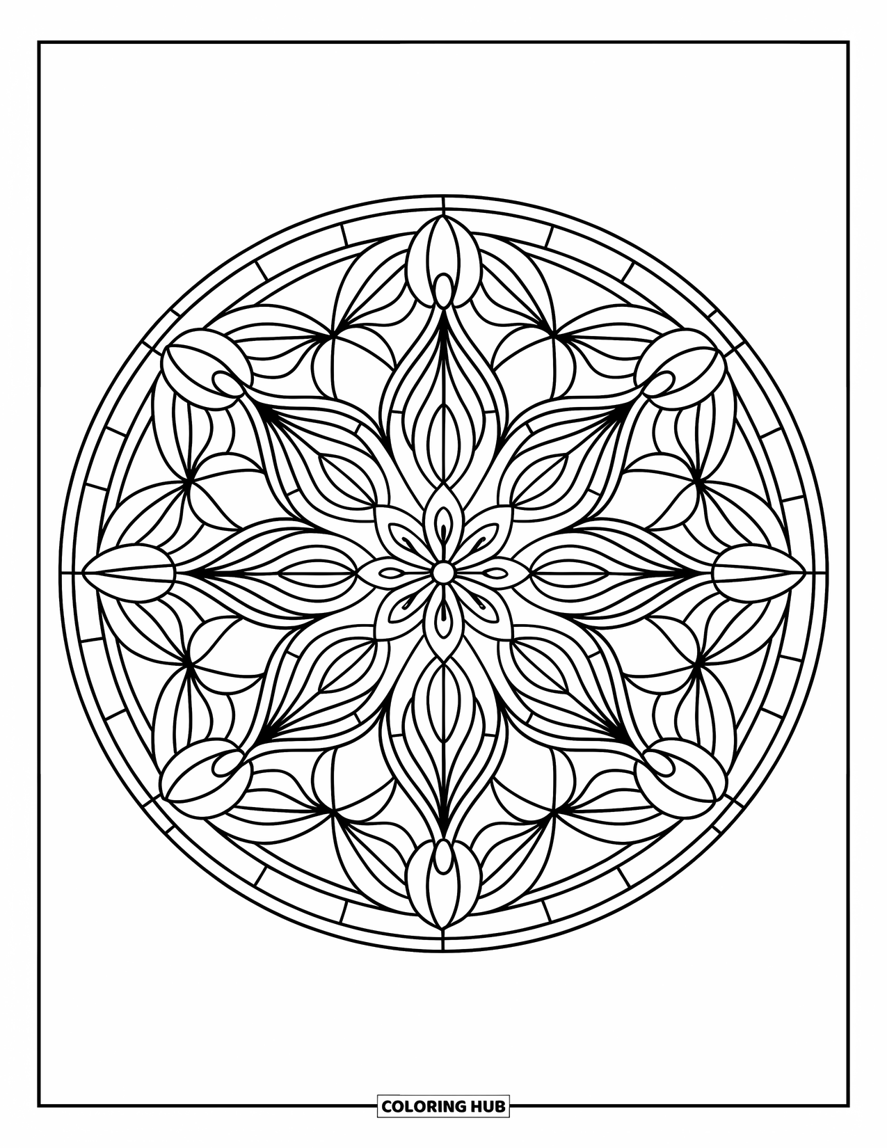 Desenho de Vitral para Colorir para Adultos: Mandala floral de vitral com folha e detalhes geométricos