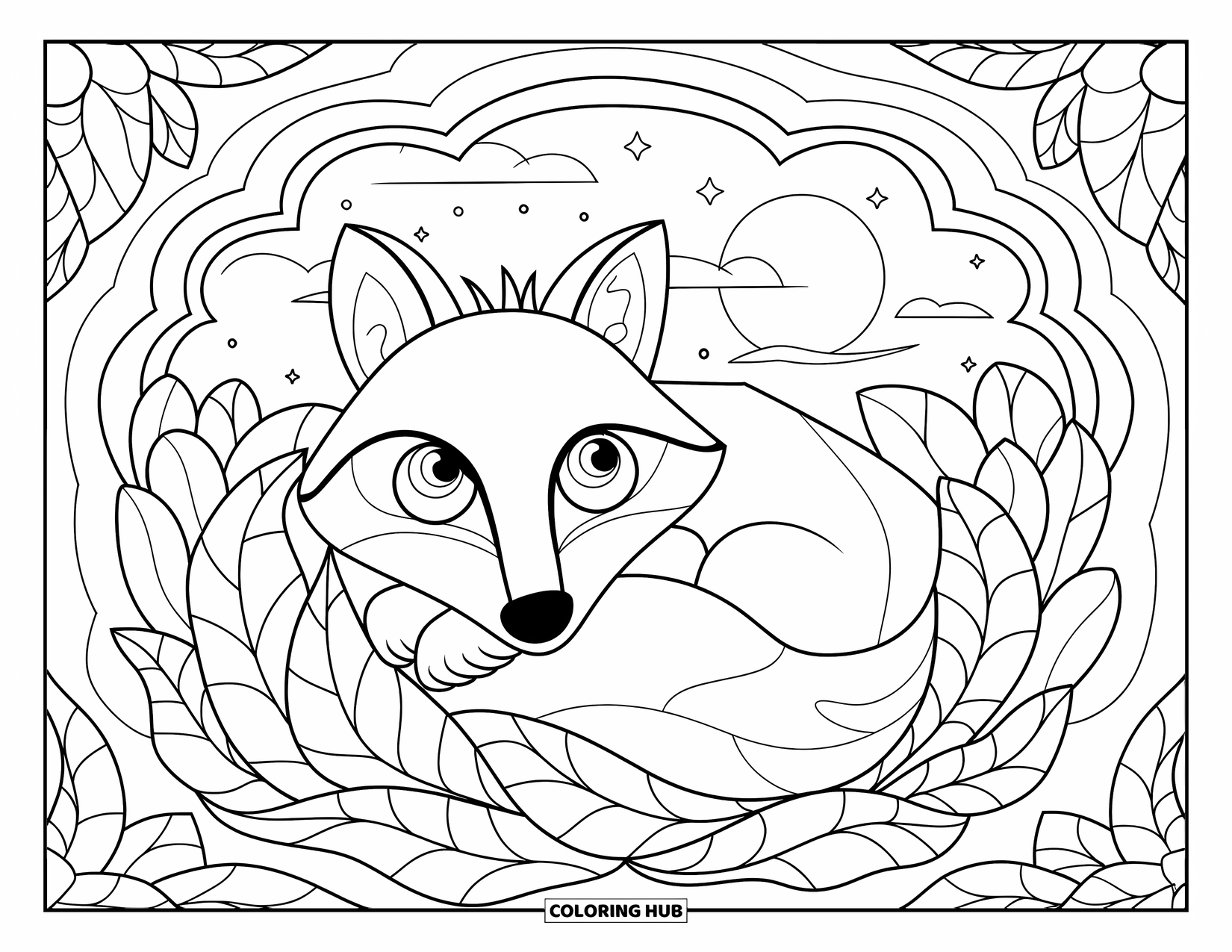 Desenho de Vitral para Colorir para Adultos: Raposa enrolada em folhas de vitral com um céu iluminado pela lua acima