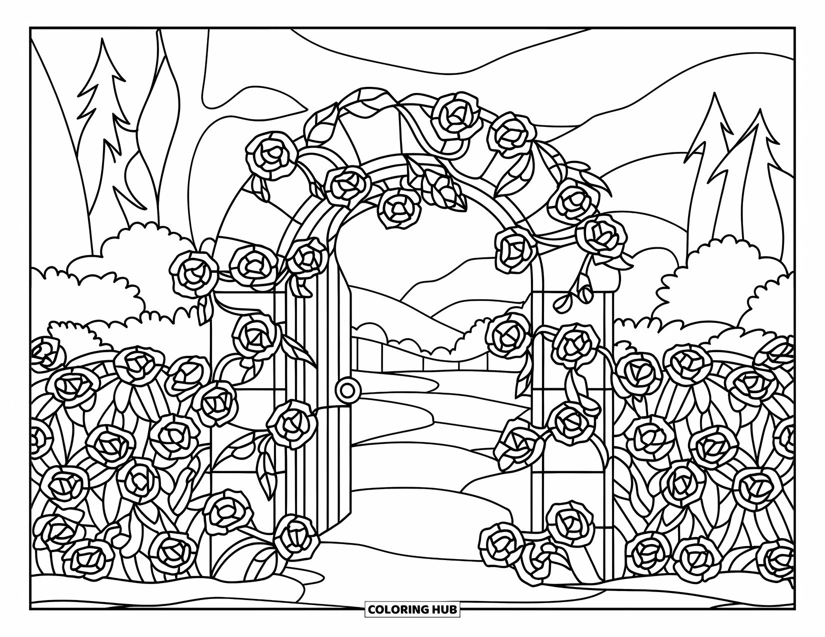 Desenho de Vitral para Colorir para Adultos: Portão de jardim envolto em rosas e hera em vitral