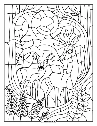 Stained Glass Coloring Page for Adults: Gentle deer in a dreamy moonlit forest made of stained glass shapes