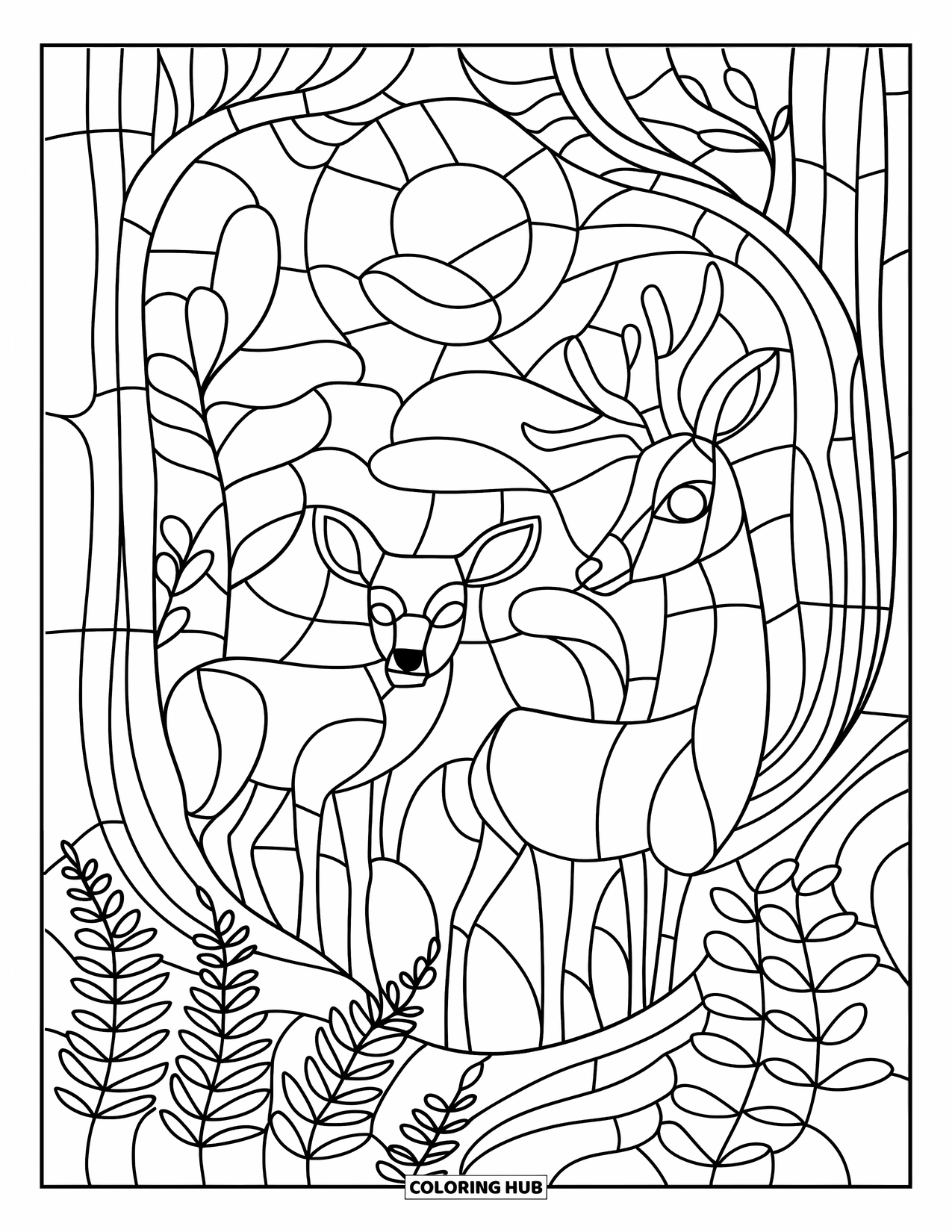 Desenho de Vitral para Colorir para Adultos: Veado gentil em uma floresta sonhadora iluminada pela lua feita de formas de vitral