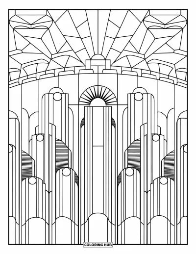 Stained Glass Coloring Page for Adults: Geometric skyline with sunburst skies in stained glass format
