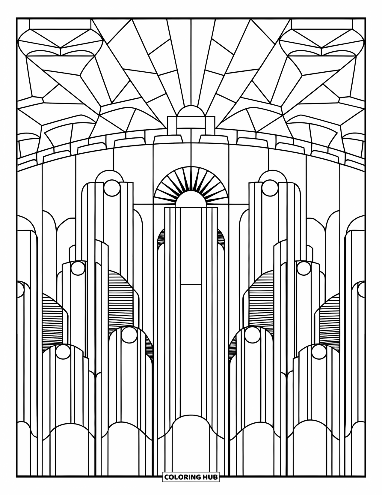 Desenho de Vitral para Colorir para Adultos: Skyline geométrico com céus em explosão solar em formato de vitral