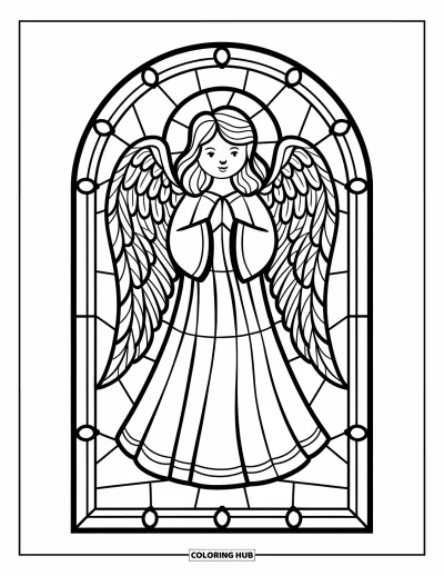 Stained Glass Coloring Page for Adults: Graceful stained glass angel in flowing robes and curved frame