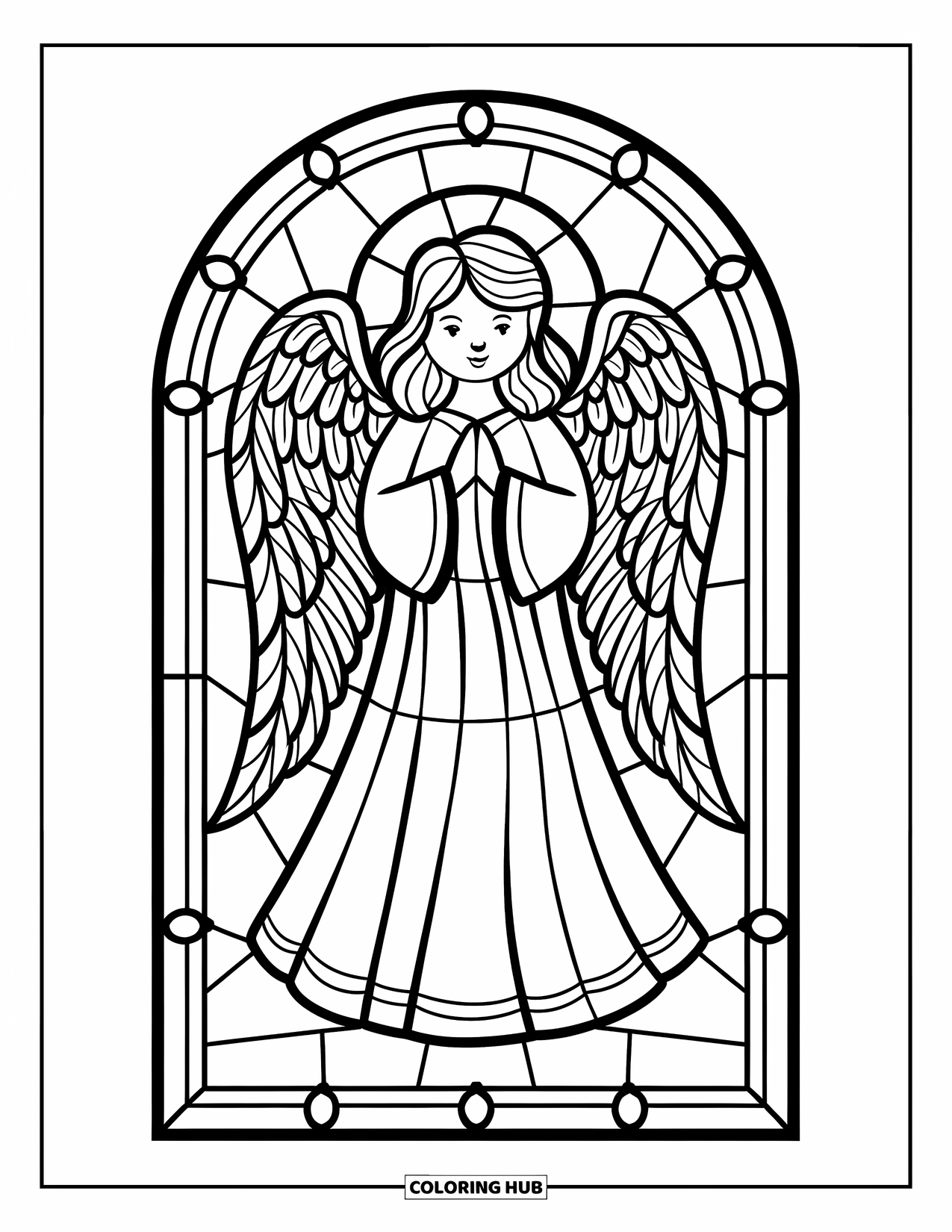 Desenho de Vitral para Colorir para Adultos: Gracioso anjo de vitral em vestes esvoaçantes e moldura curva