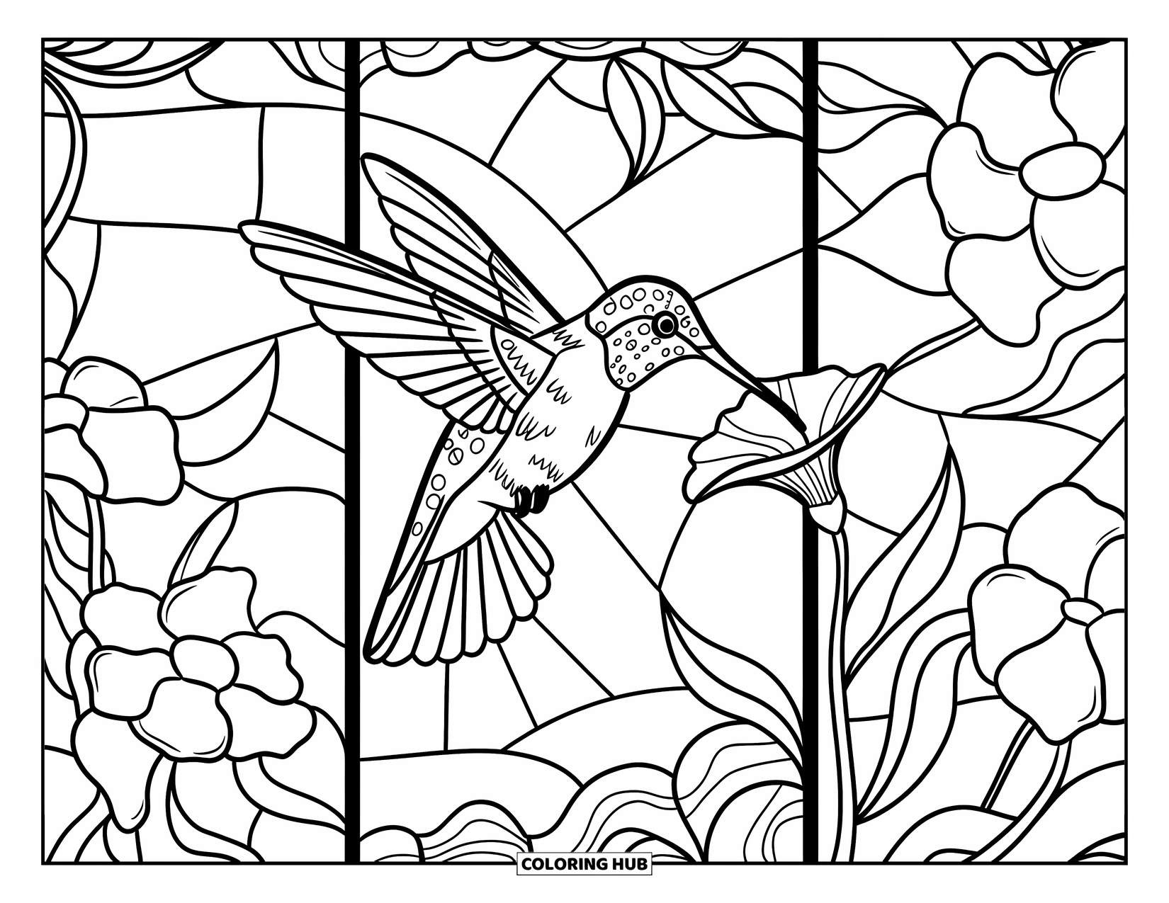 Desenho de Vitral para Colorir para Adultos: Beija-flor bebendo de uma flor em painéis de vitral