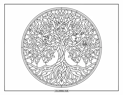 Stained Glass Coloring Page for Adults: Intricate stained glass tree of life with animals and leafy patterns