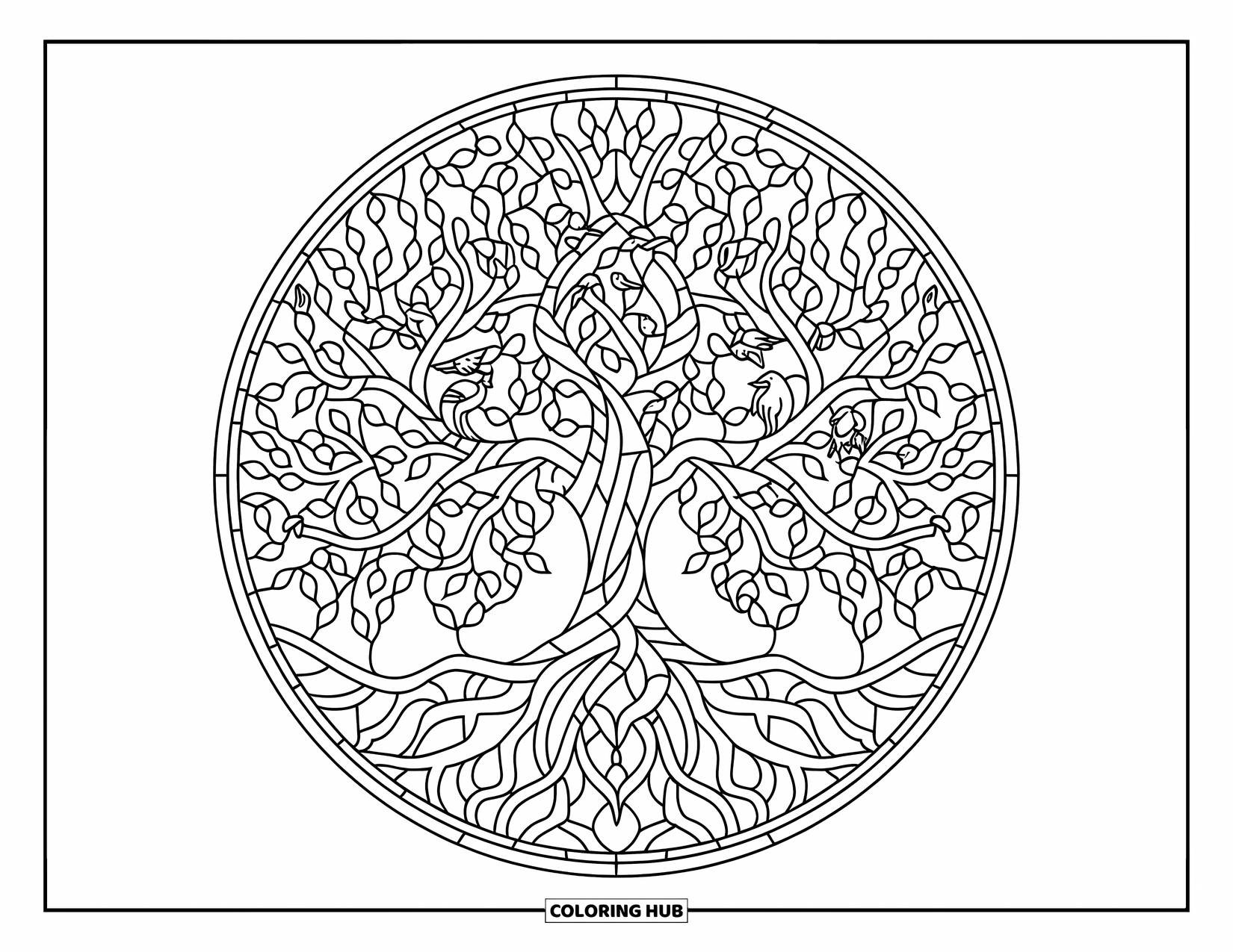 Desenho de Vitral para Colorir para Adultos: Árvore da vida de vitral intrincada com animais e padrões de folhas