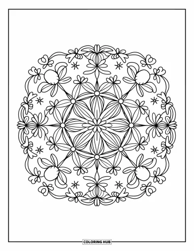 Stained Glass Coloring Page for Adults: Kaleidoscope-style stained glass pattern with flowers and geometric stars