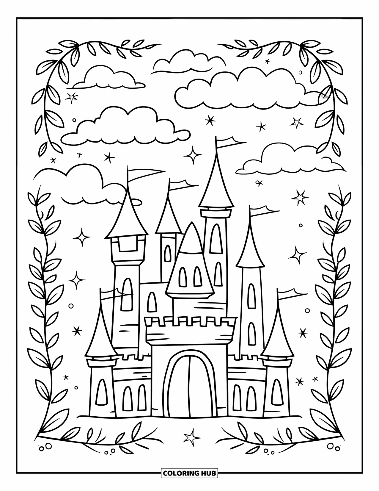 Desenho de Vitral para Colorir para Adultos: Castelo mágico de vitral sob um céu estrelado suave