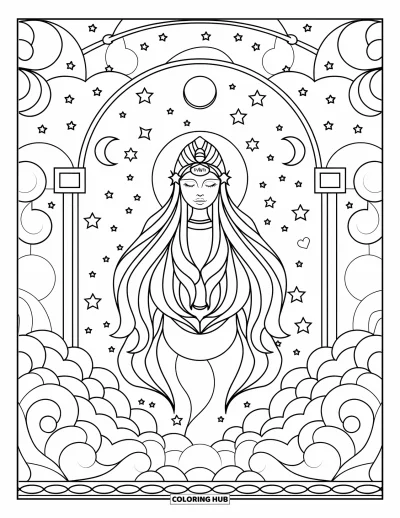 Stained Glass Coloring Page for Adults: Moon goddess in stained glass, surrounded by stars and swirling clouds