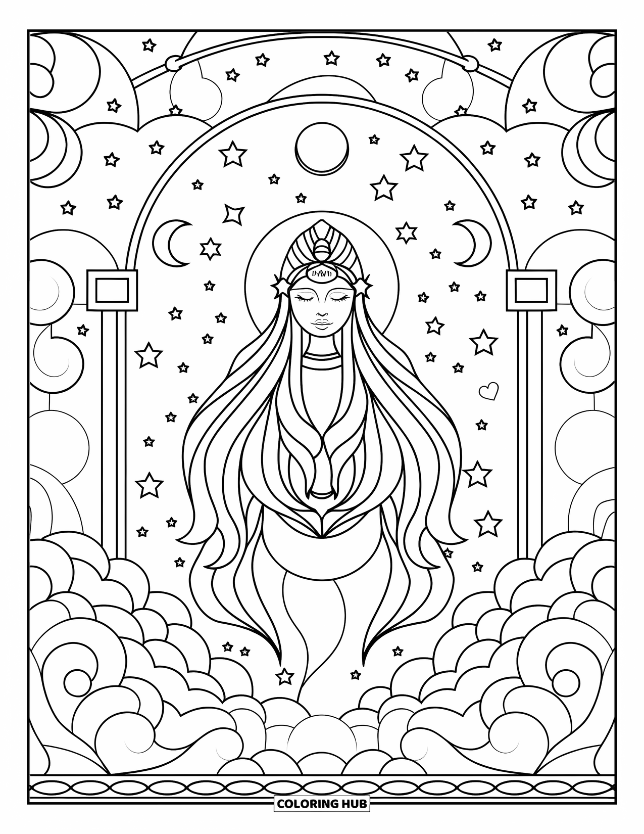 Desenho de Vitral para Colorir para Adultos: Deusa da lua em vitral, cercada por estrelas e nuvens rodopiantes