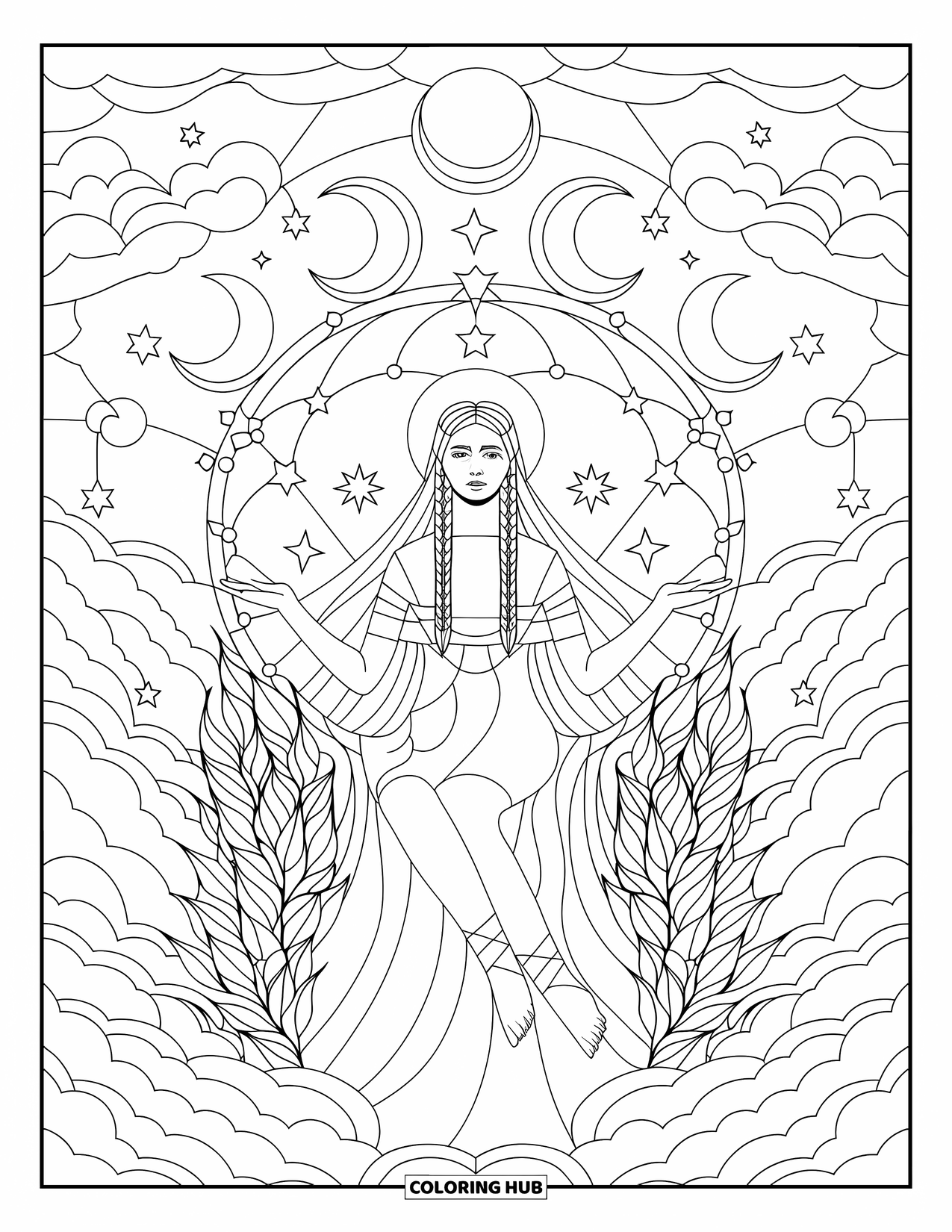Desenho de Vitral para Colorir para Adultos: Deusa da lua em um trono de galho no céu noturno de vitral