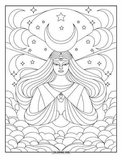 Stained Glass Coloring Page for Adults: Mystical moon goddess in stained glass, seated among stars and swirls