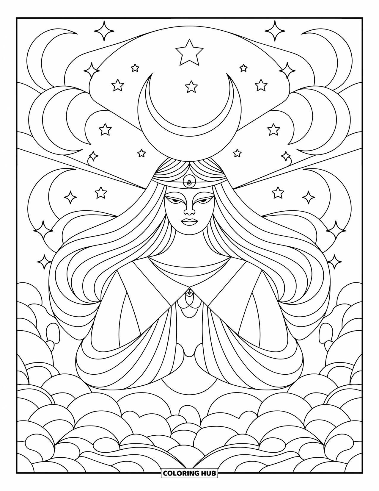 Desenho de Vitral para Colorir para Adultos: Deusa da lua mística em vitral, sentada entre estrelas e redemoinhos