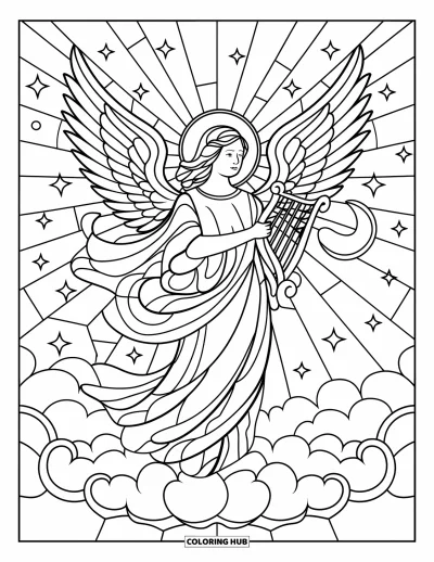 Stained Glass Coloring Page for Adults: Peaceful angel with a halo and harp in stained glass style