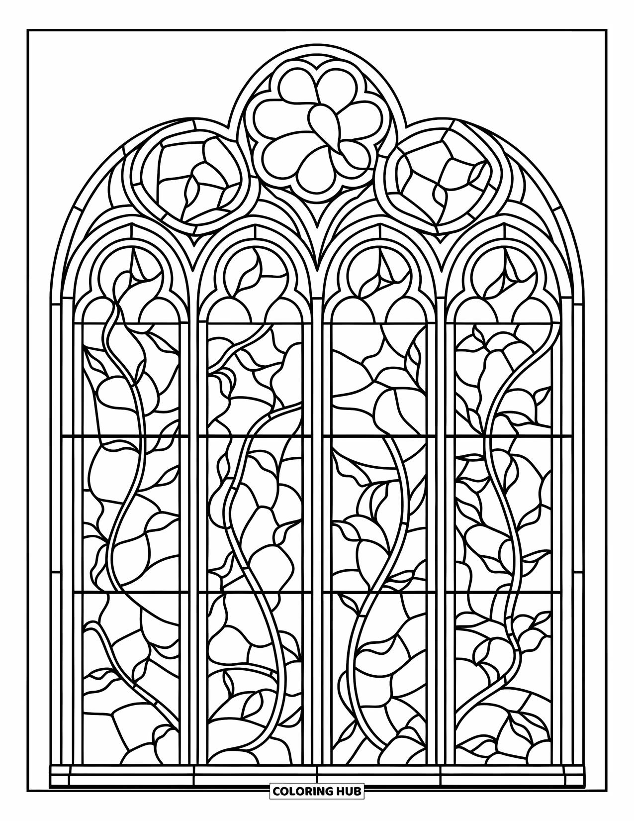 Desenho de Vitral para Colorir para Adultos: Janela pacífica de pombas e trepadeiras em um layout de vitral