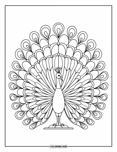 Stained Glass Coloring Page for Adults: Peacock with a gem-patterned tail in full stained glass display