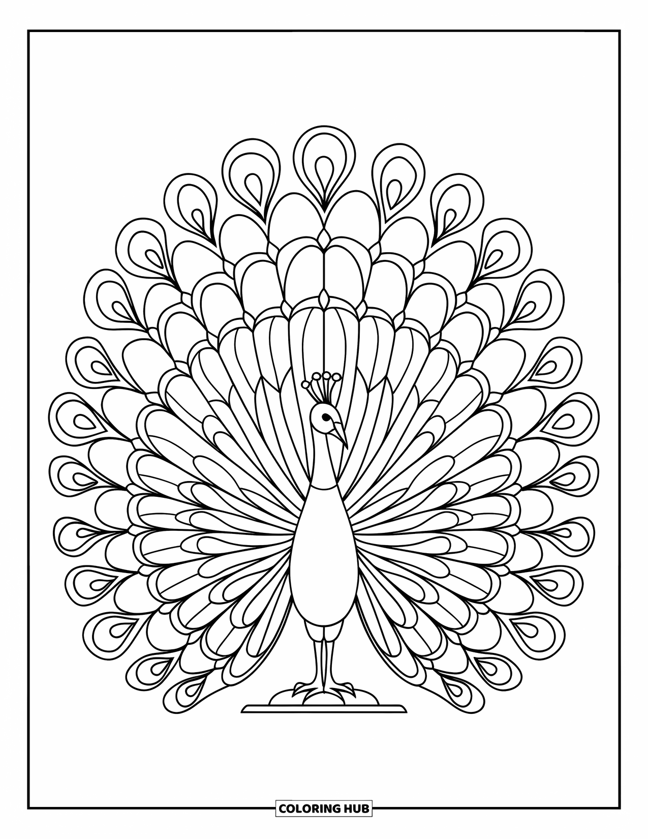 Desenho de Vitral para Colorir para Adultos: Pavão com uma cauda com padrão de joias em exibição completa de vitral