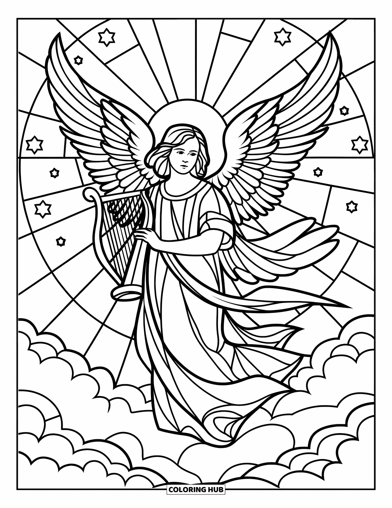 Desenho de Vitral para Colorir para Adultos: Anjo radiante em vitral com nuvens, estrelas e uma auréola brilhante