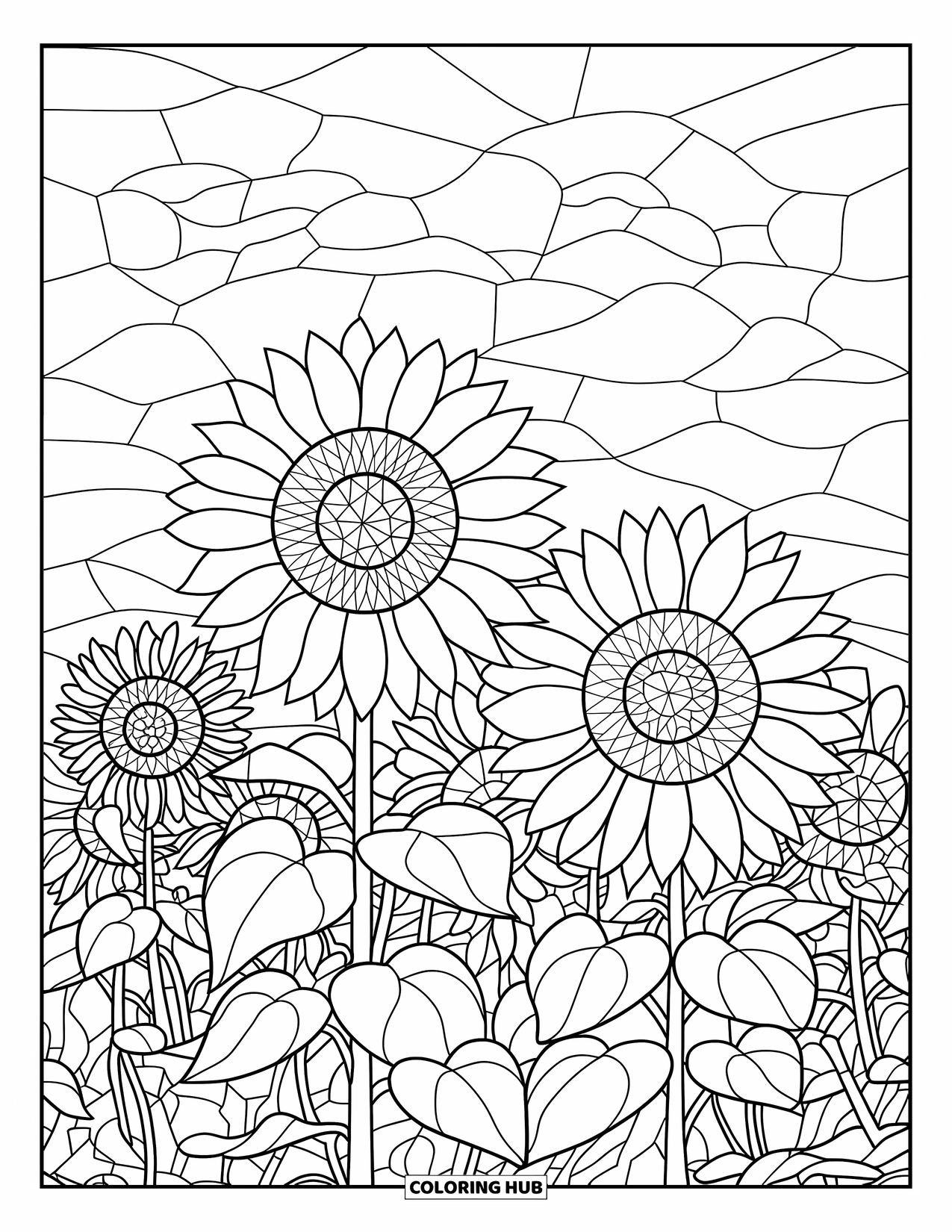 Desenho de Vitral para Colorir para Adultos: Fileira de girassóis ousados em uma paisagem em estilo de vitral