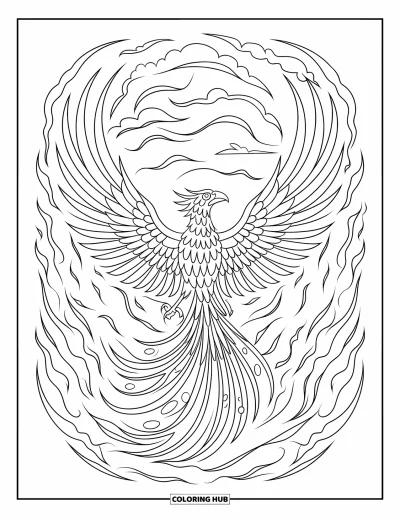Stained Glass Coloring Page for Adults: Soaring phoenix in stained glass with bold, fiery patterns