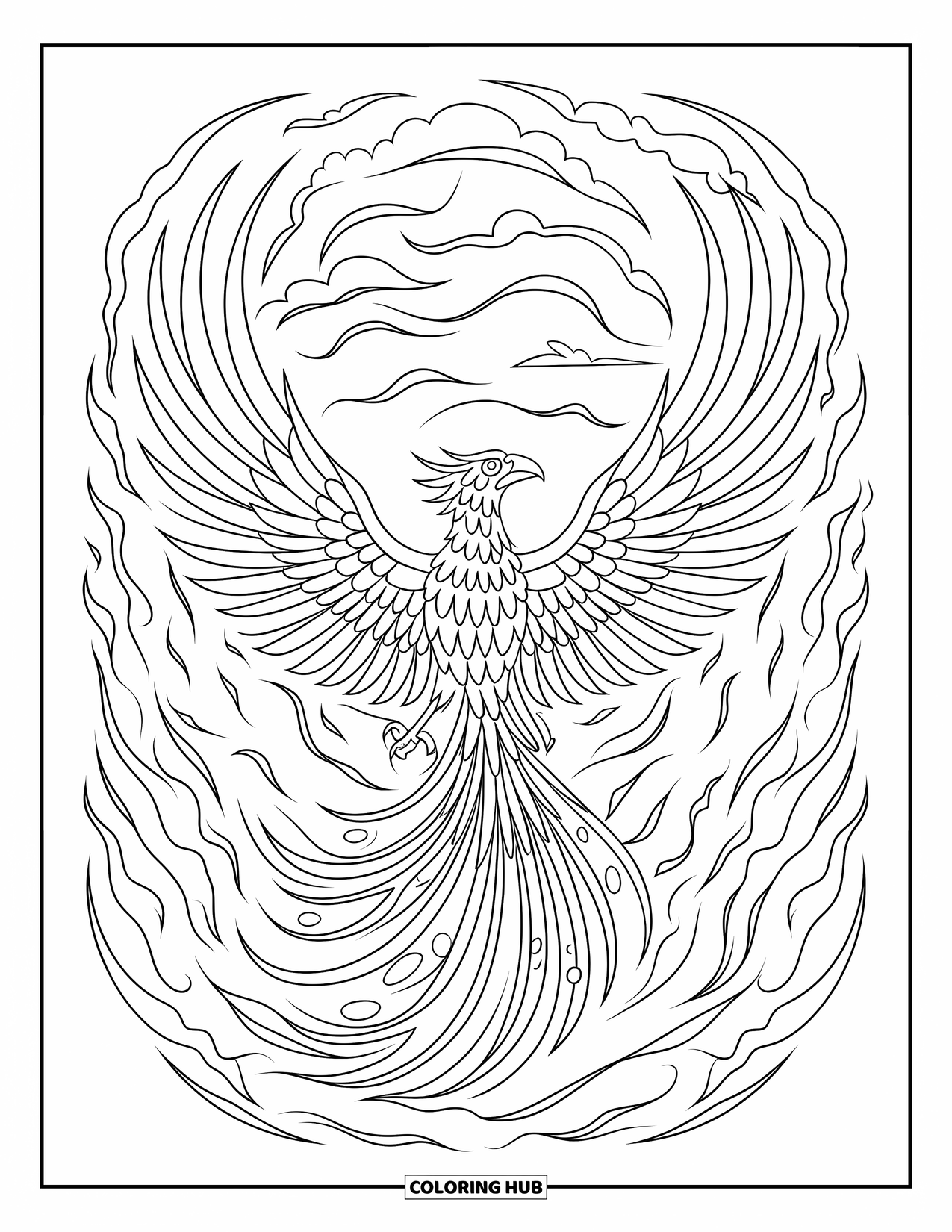 Desenho de Vitral para Colorir para Adultos: Fênix voando em vitral com padrões ousados e flamejantes