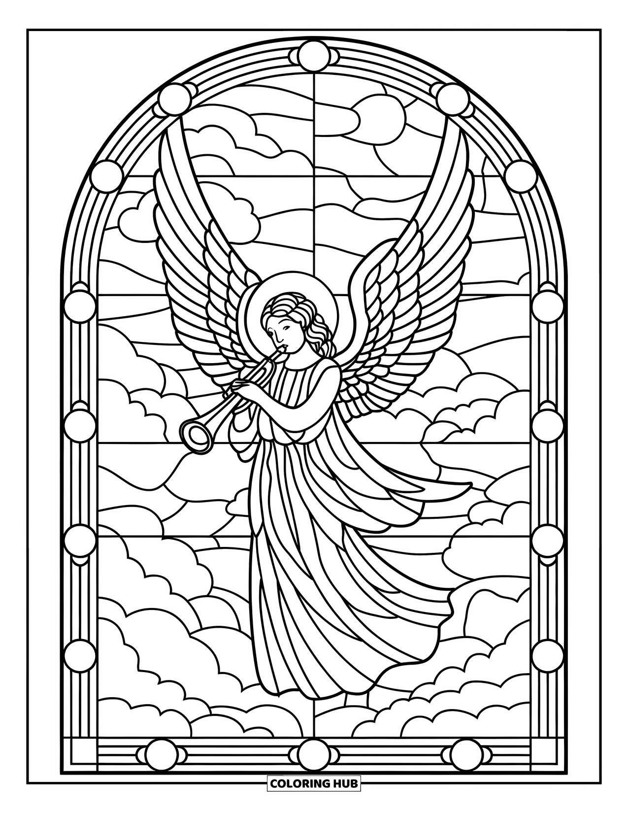 Desenho de Vitral para Colorir para Adultos: Anjo de vitral com uma trombeta dentro de uma moldura de céu brilhante