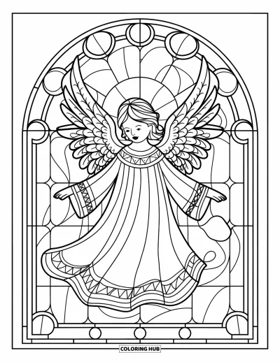 Stained Glass Coloring Page for Adults: Stained glass angel with detailed wings in an arched frame