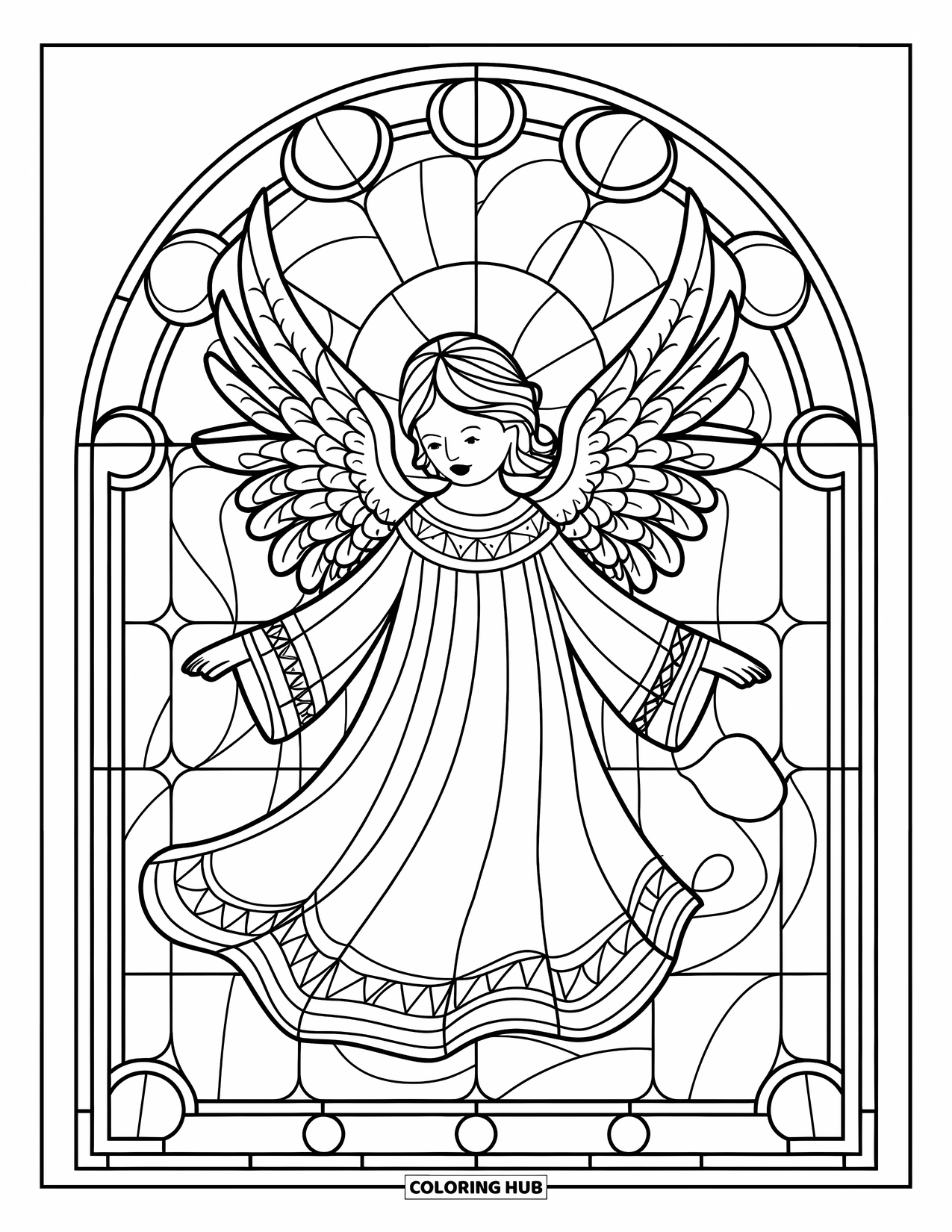 Desenho de Vitral para Colorir para Adultos: Anjo de vitral com asas detalhadas em uma moldura arqueada