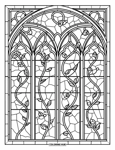 Stained Glass Coloring Page for Adults: Stained glass cathedral scene with ornate vines and peaceful doves