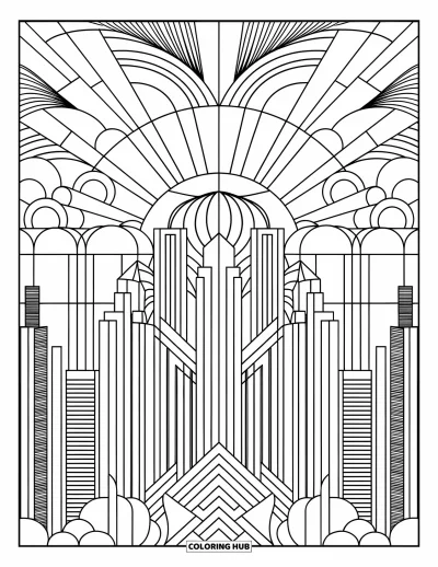Stained Glass Coloring Page for Adults: Stained glass city skyline with tall buildings and sunburst patterns