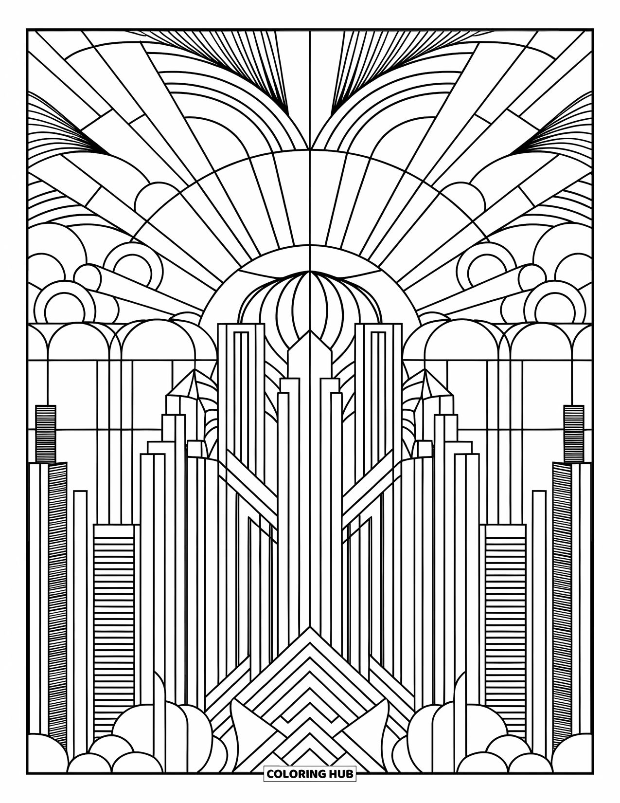 Desenho de Vitral para Colorir para Adultos: Skyline da cidade em vitral com edifícios altos e padrões radiantes