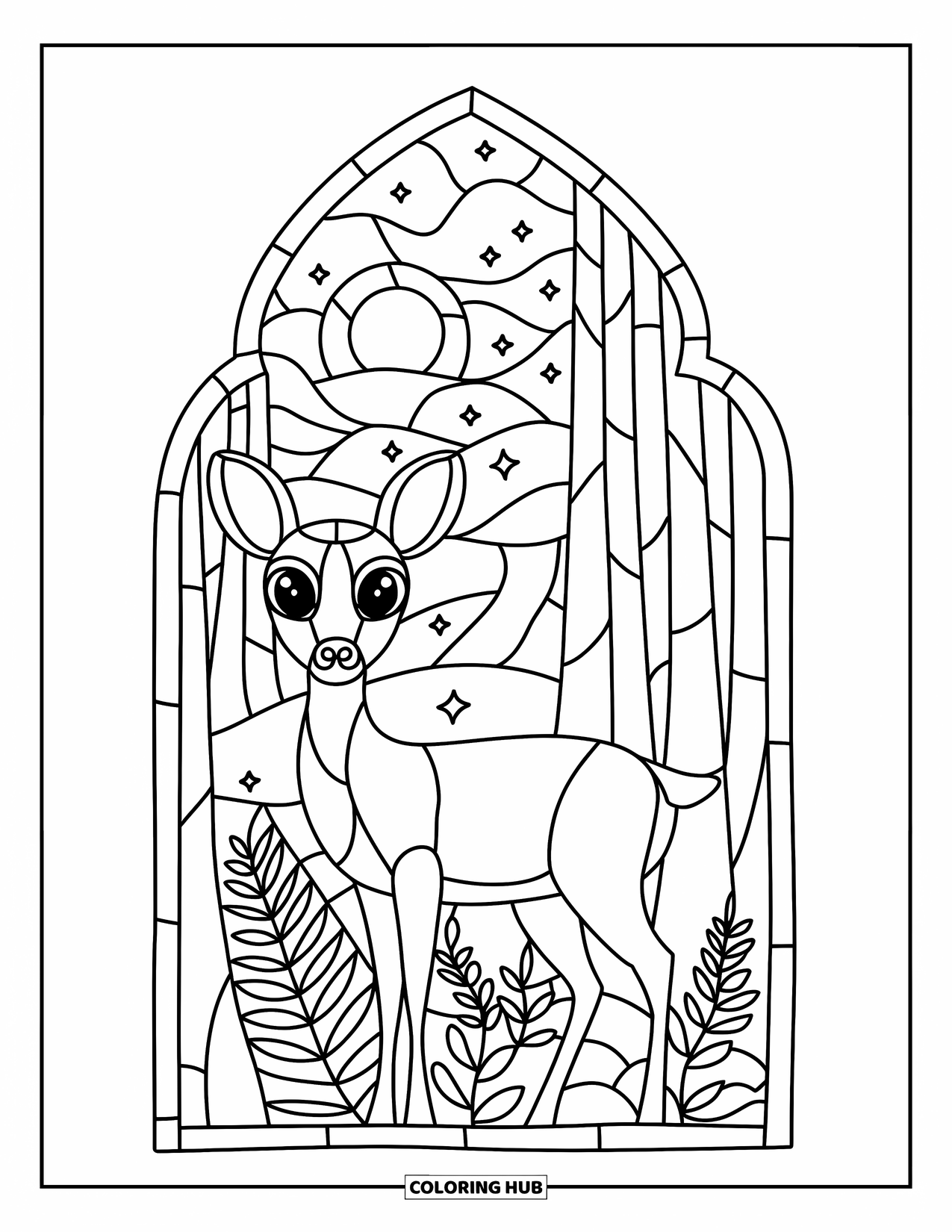 Desenho de Vitral para Colorir para Adultos: Veado de vitral em uma floresta brilhante sob uma lua cheia