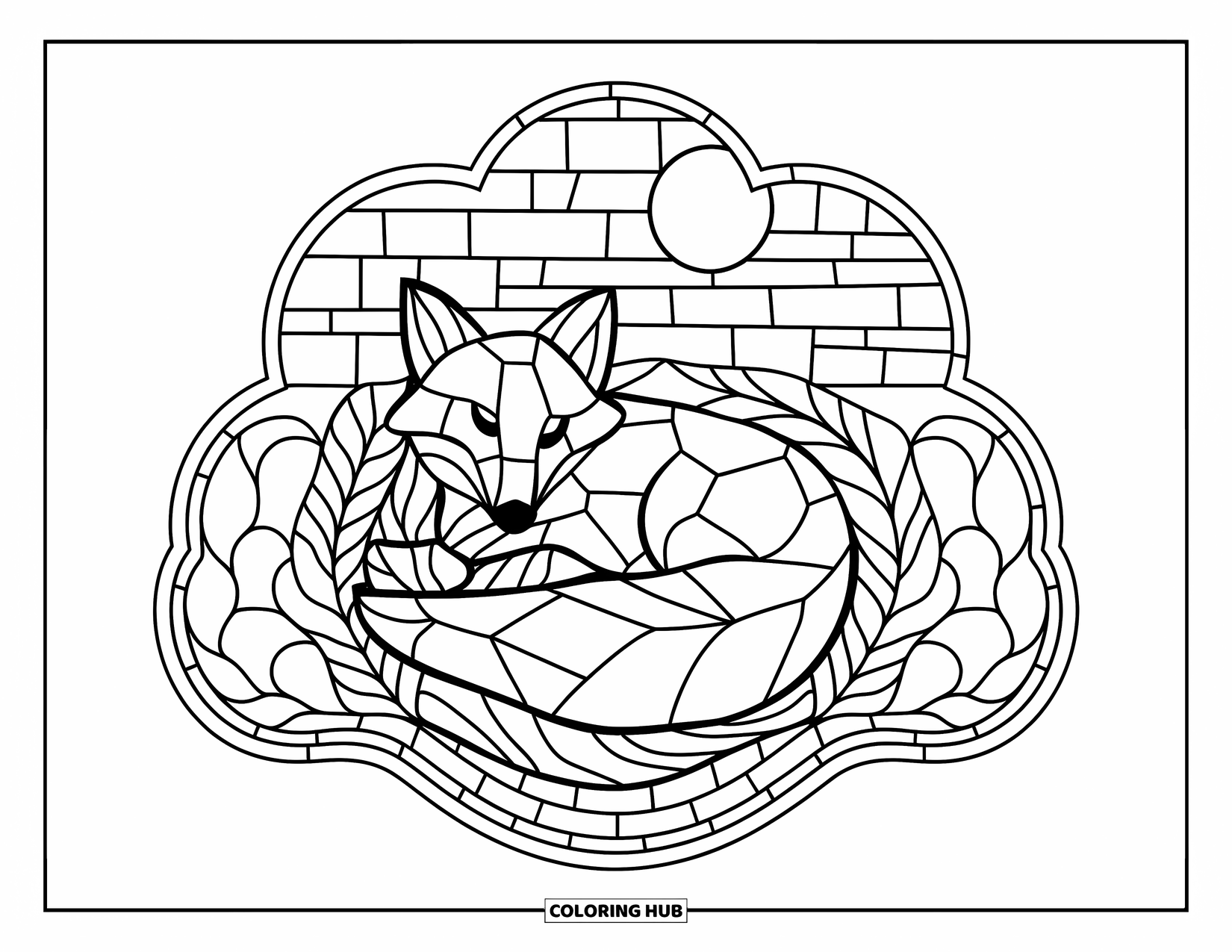 Desenho de Vitral para Colorir para Adultos: Raposa de vitral aninhada em folhas sob um céu de mosaico iluminado pela lua