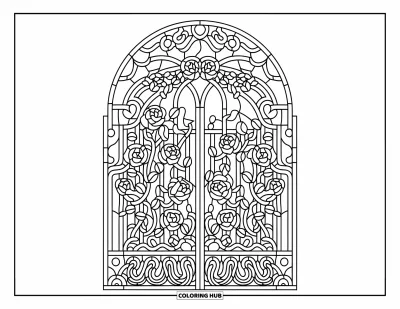 Stained Glass Coloring Page for Adults: Stained glass gate covered in roses and curling ivy vines