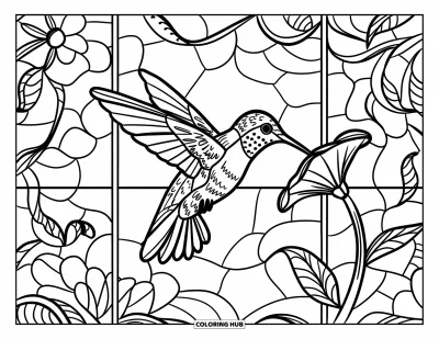 Stained Glass Coloring Page for Adults: Stained glass hummingbird fluttering near swirling floral patterns