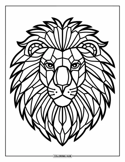 Stained Glass Coloring Page for Adults: Stained glass lion head with flame-shaped mane and bold features