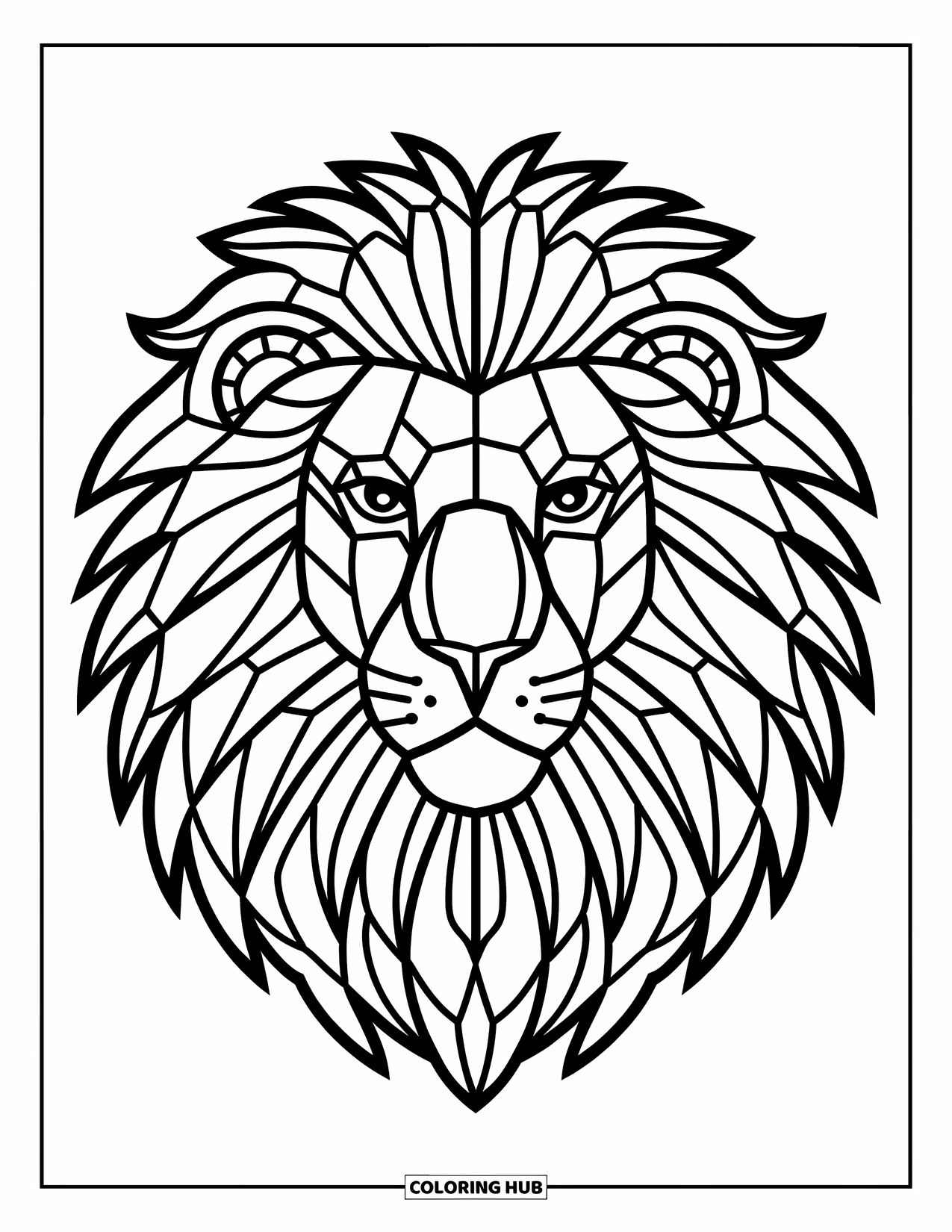 Desenho de Vitral para Colorir para Adultos: Cabeça de leão de vitral com juba em forma de chama e características ousadas