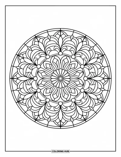 Stained Glass Coloring Page for Adults: Stained glass mandala with flowers, leaves, and geometric symmetry