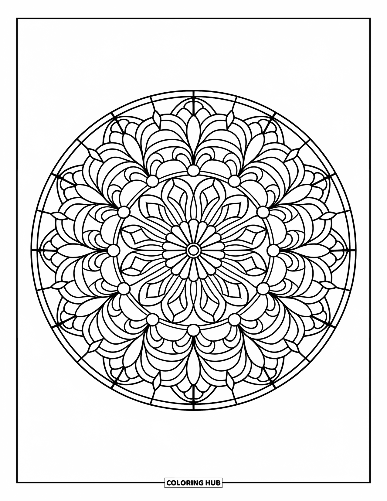 Desenho de Vitral para Colorir para Adultos: Mandala de vitral com flores, folhas e simetria geométrica