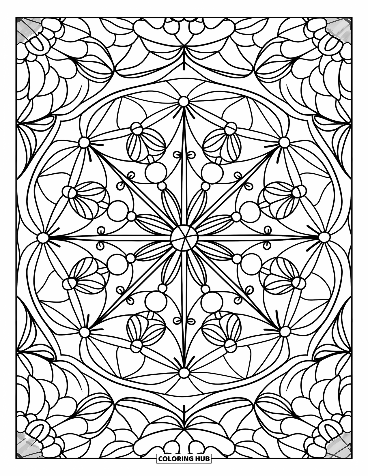Desenho de Vitral para Colorir para Adultos: Mandala de vitral com flores, estrelas e formas sagradas em um layout espelhado