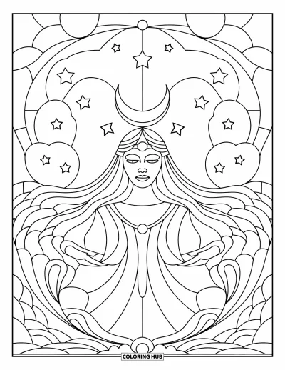 Stained Glass Coloring Page for Adults: Stained glass moon goddess with a crescent crown and cloudy night sky