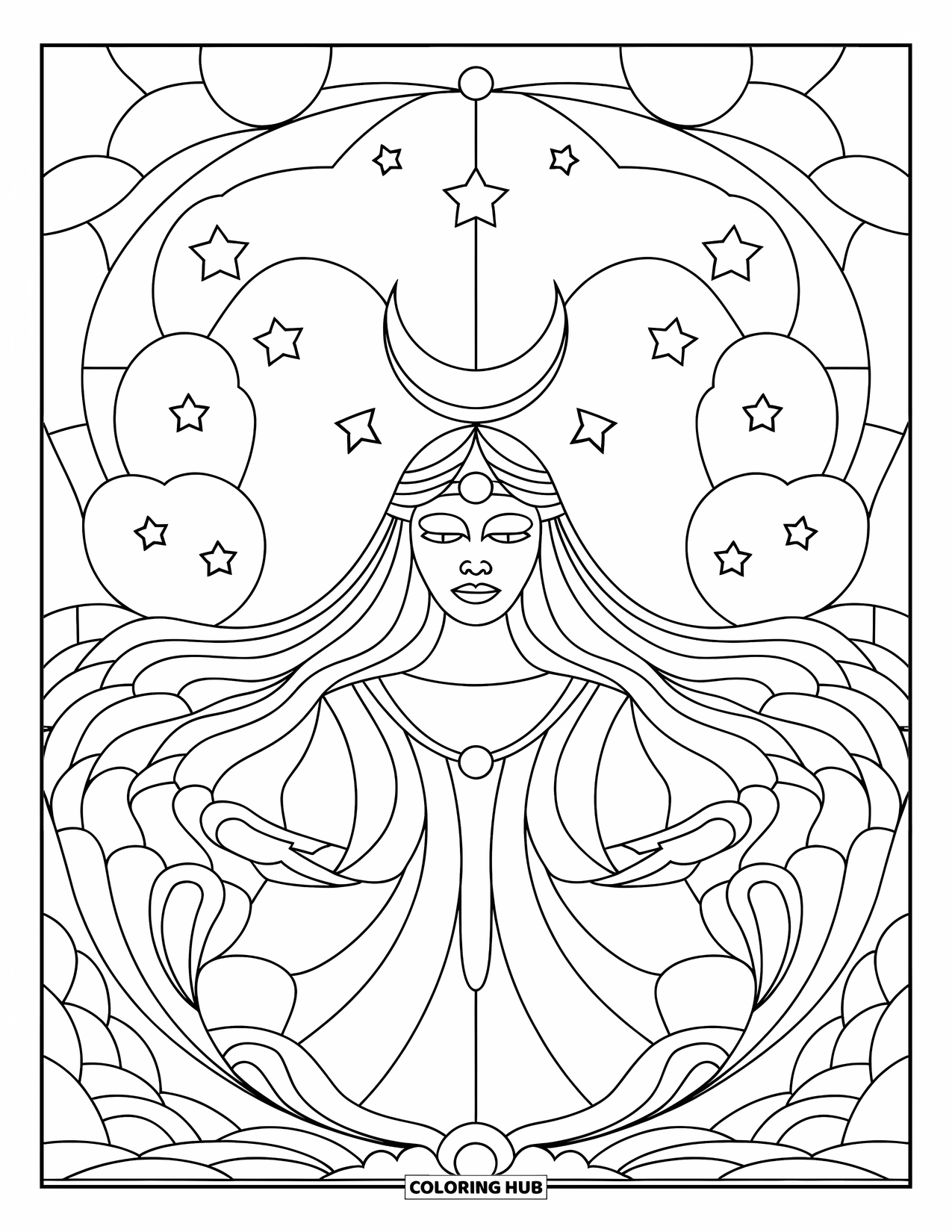 Desenho de Vitral para Colorir para Adultos: Deusa da lua de vitral com uma coroa crescente e céu noturno nublado