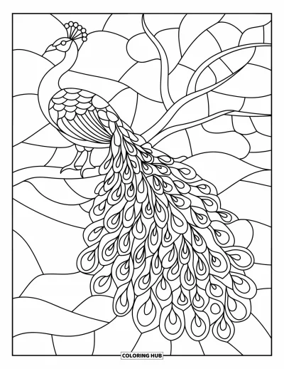 Stained Glass Coloring Page for Adults: Stained glass peacock standing tall with a full ornamental tail