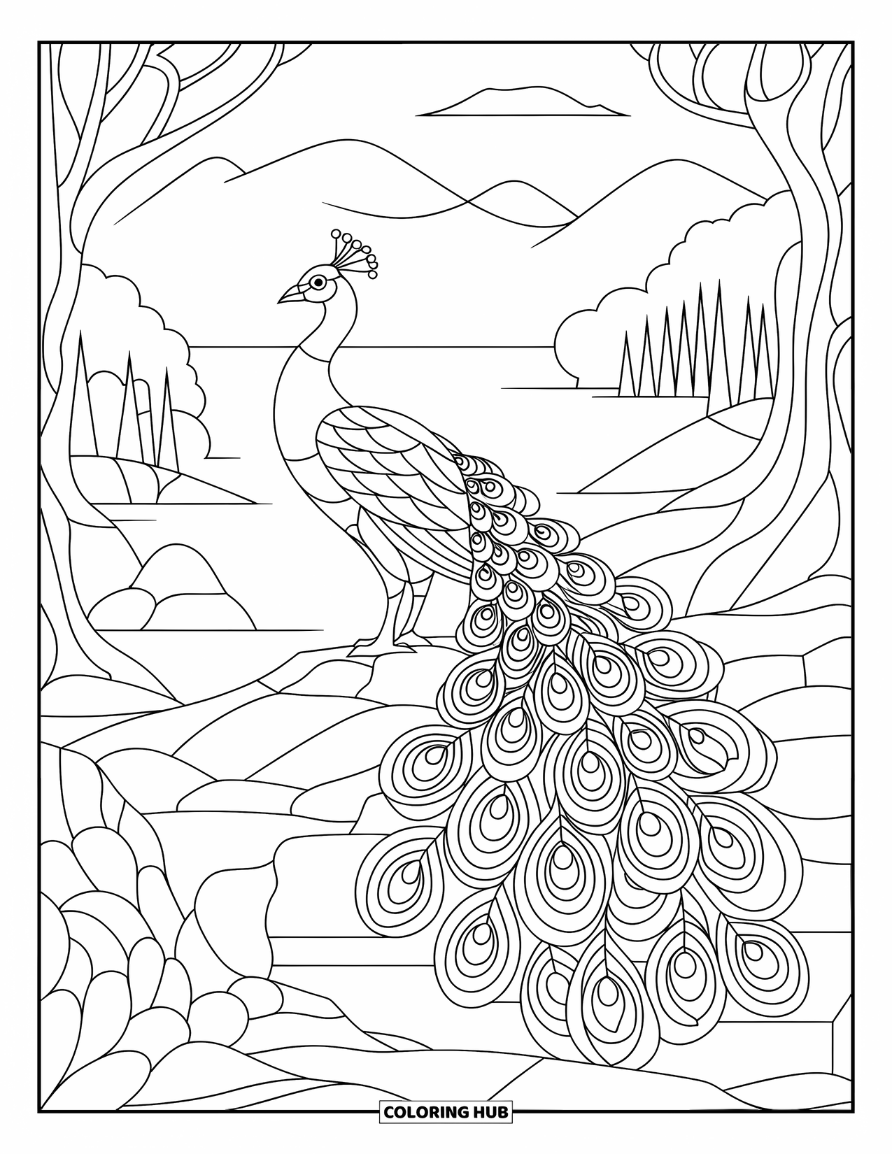 Desenho de Vitral para Colorir para Adultos: Pavão de vitral com penas fluidas semelhantes a joias em um galho