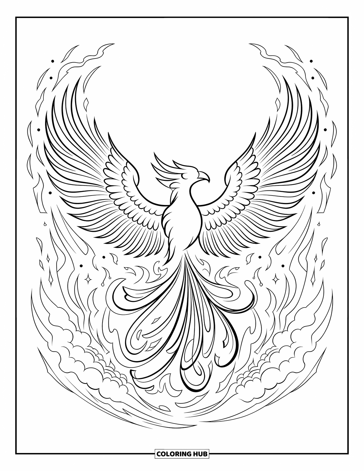 Desenho de Vitral para Colorir para Adultos: Fênix de vitral nascendo em fogo rodopiante com asas estendidas