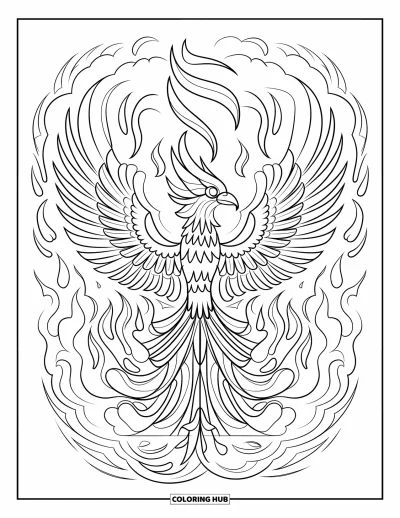 Stained Glass Coloring Page for Adults: Stained glass phoenix with wings spread wide in swirling fire