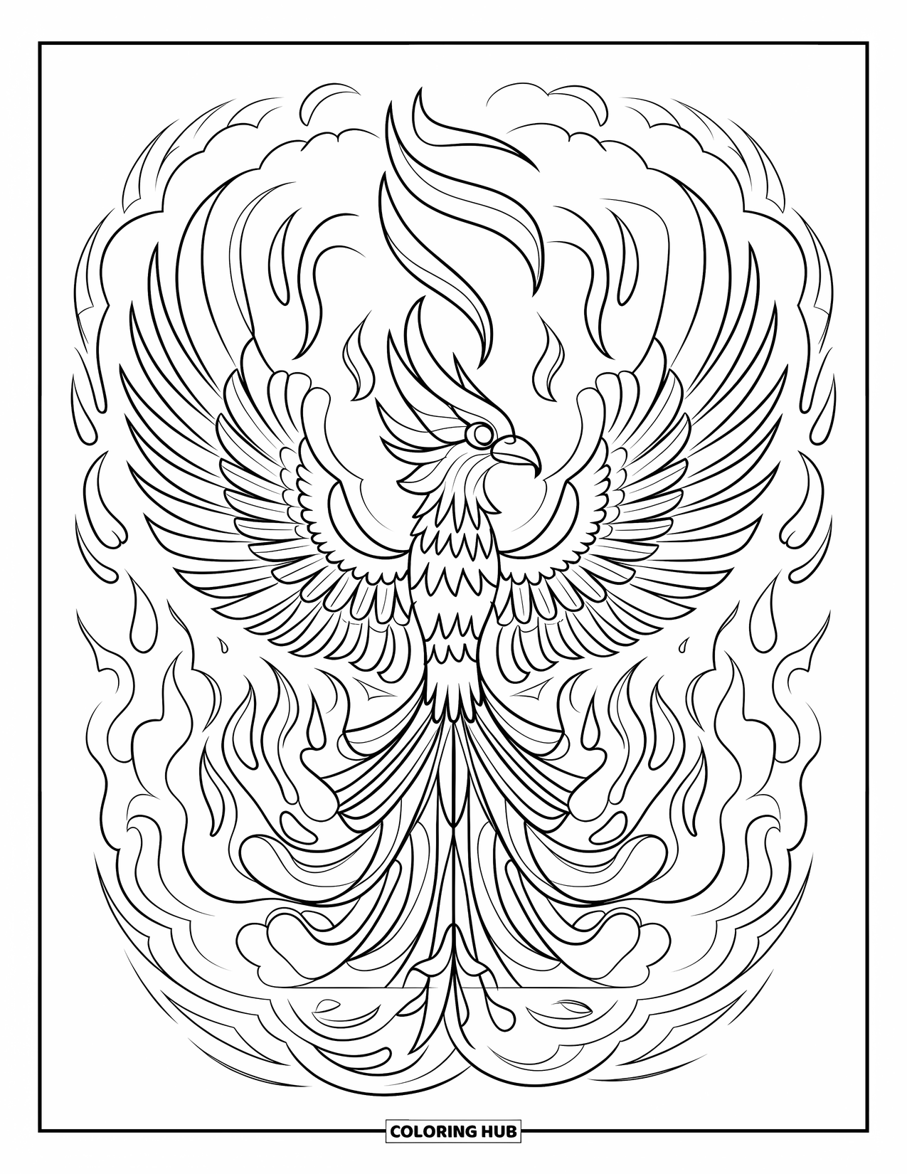 Desenho de Vitral para Colorir para Adultos: Fênix de vitral com asas abertas em fogo giratório